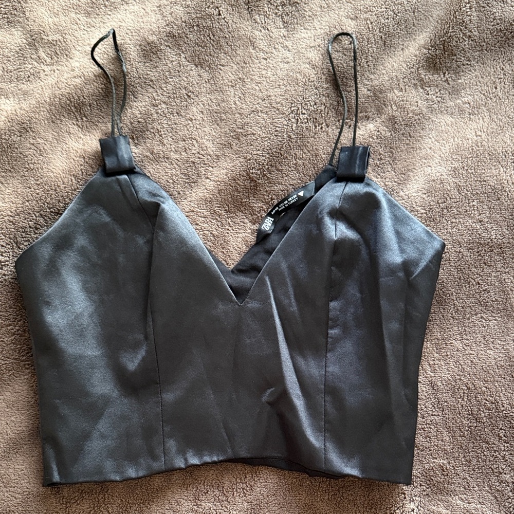 Zara Black Satin V-Neck Crop Camisole